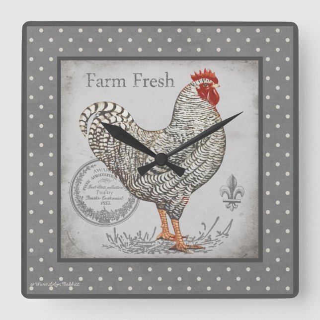 Vintage Rooster wall clock in greys & creams (Front)