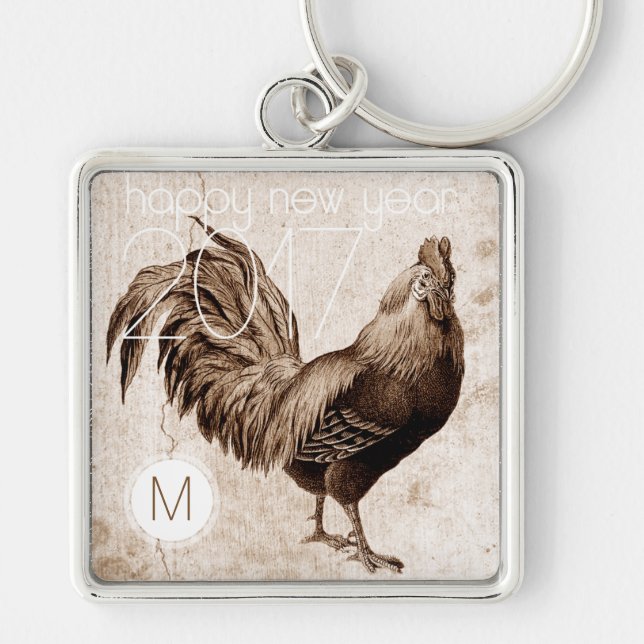 Vintage Rooster Year 2017 Monogram Square Keychain (Front)