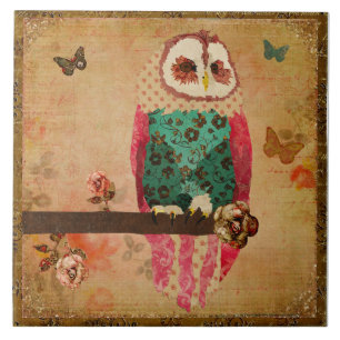 Vintage Rosa Shabby Owl Tile