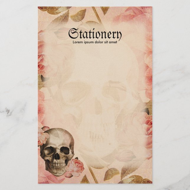 Vintage Rosa Skull Collage Stationery (Front)