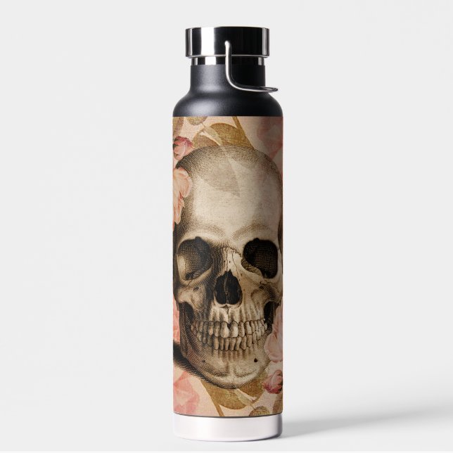 Vintage Rosa Skull Collage Water Bottle (Left)