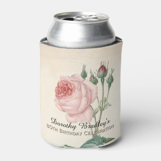 Vintage Rose 80th Birthday Celebration Can Cooler (Can Front)