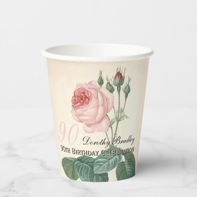 Vintage Rose 90th Birthday Party Paper cup (Front)
