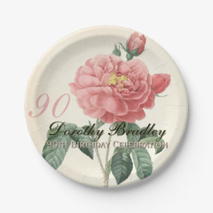 Vintage Rose 90th Birthday Party Paper Plates 2