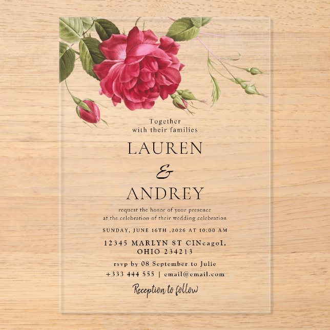 Vintage Rose Acrylic Wedding Invitation (Front)