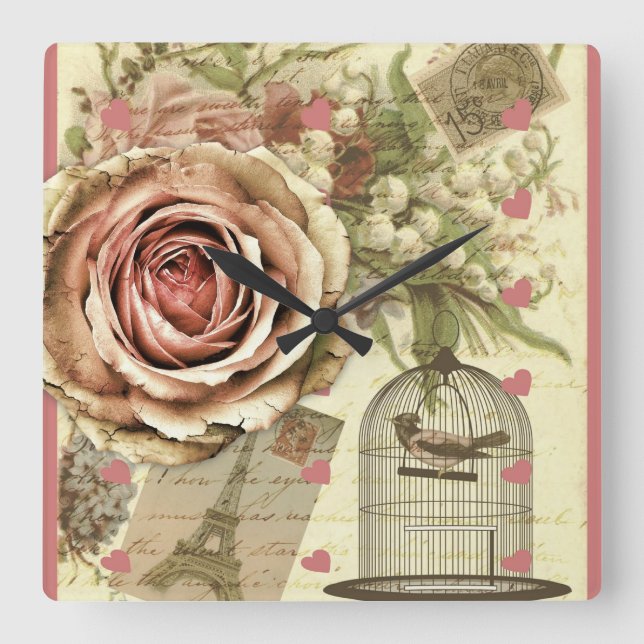 Vintage Rose and Birdcage Wall Clock (Front)