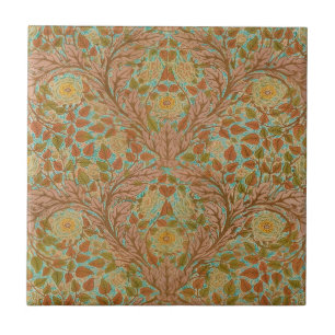 Vintage Rose and Leaf Floral Arts Blue Green Brown Tile