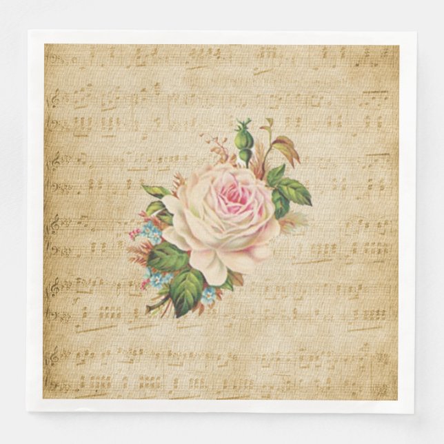 Vintage Rose and Musical Notes Paper Dinner Napkin (Front)