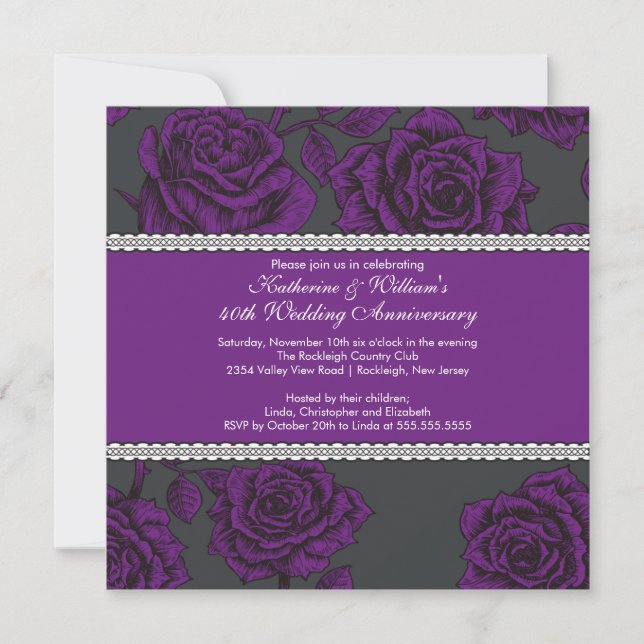 Vintage Rose Anniversary Invitation Black Purple (Front)