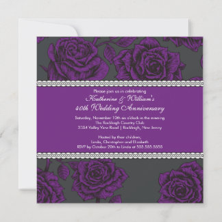 Vintage Rose Anniversary Invitation Black Purple