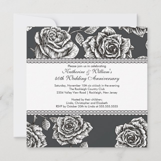 Vintage Rose Anniversary Invitation Black White (Front)