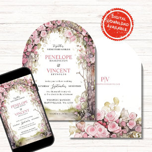 Vintage Rose Arch   Monogram Wedding Invitation