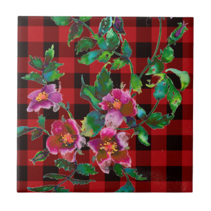 Vintage Rose black and red plaid Tile