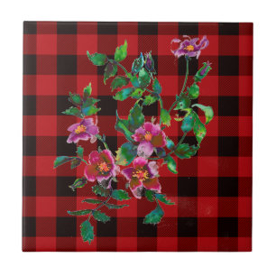 Vintage Rose black and red plaid Tile