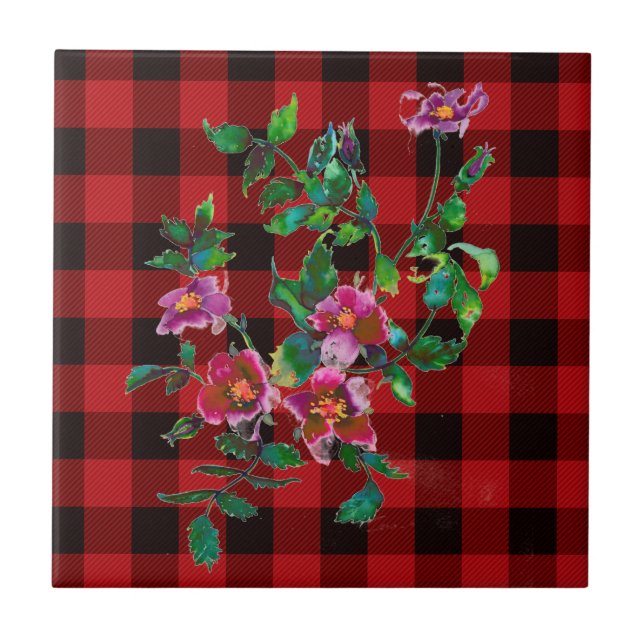 Vintage Rose black and red plaid Tile (Front)
