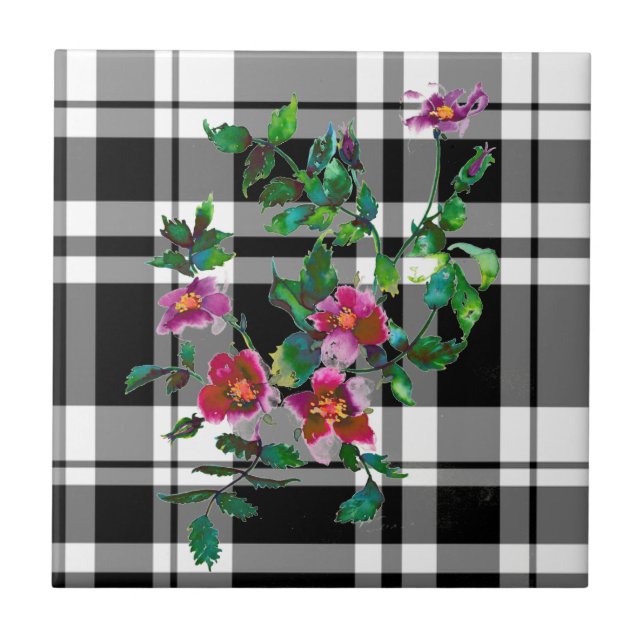 Vintage Rose - black and white plaid Tile (Front)