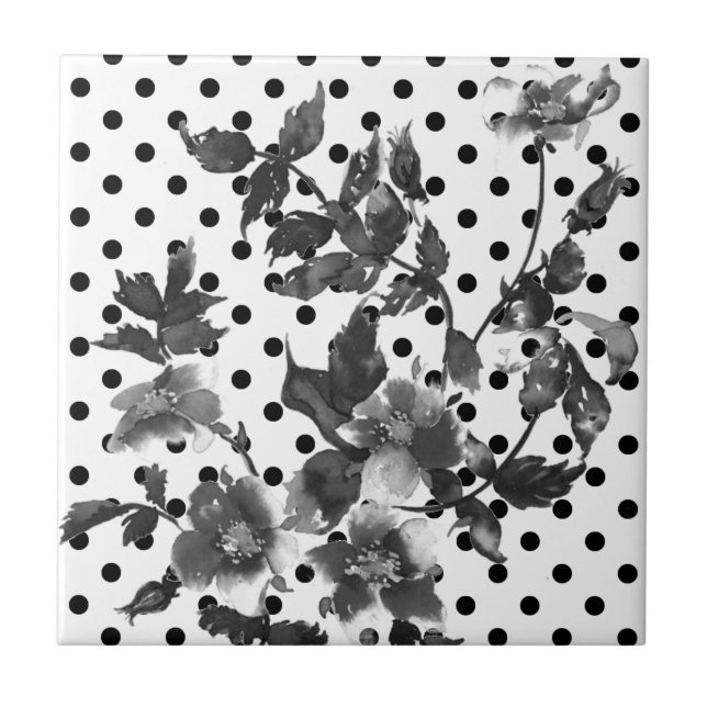 Vintage rose - black and white polka-dots tile (Front)