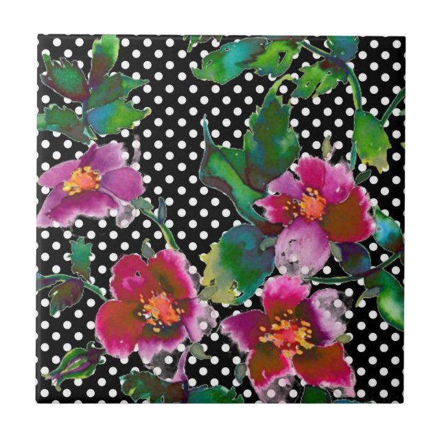 Vintage Rose black/white polka-dots Tile (Front)