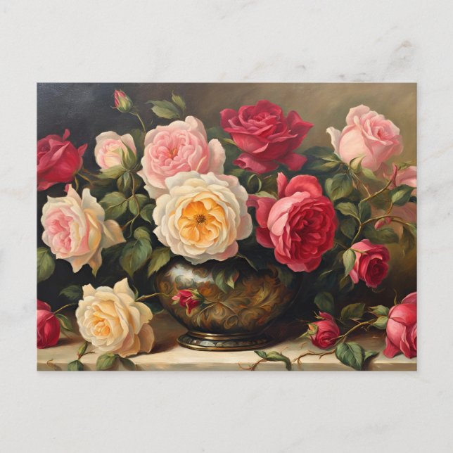 Vintage Rose Bouquet Still Life  Holiday Postcard (Front)