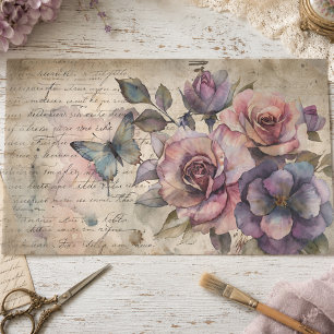 Vintage Rose & Butterfly on Old Script Decoupage Tissue Paper