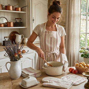 Vintage Rose & Cream Striped French Country Apron