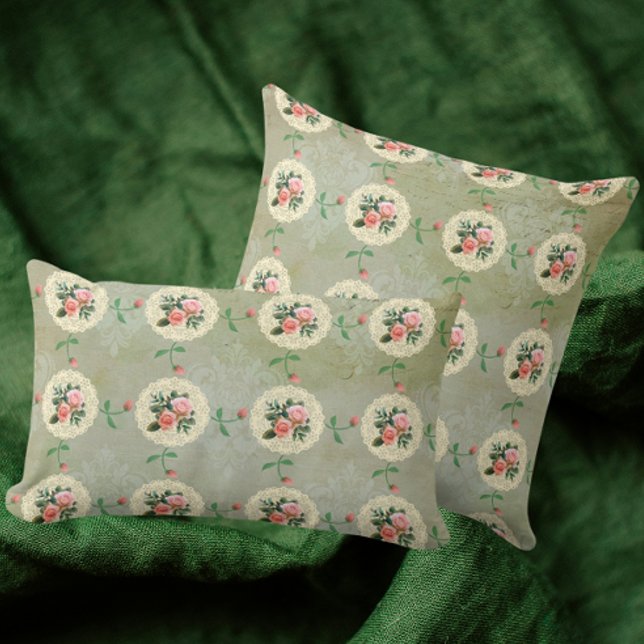 Vintage Rose Doily Green Damask Cushion (3 sizes available)