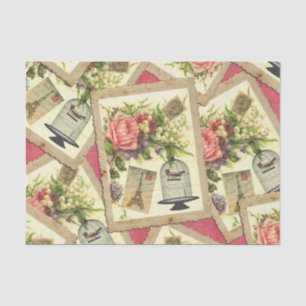 Vintage Rose, Eiffel Tower, & Bird Cage Postcard Tissue Paper