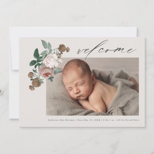 Vintage rose floral baby photo birth announcement (Front)