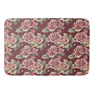Vintage Rose Floral Bath Mat – Romantic Burgundy