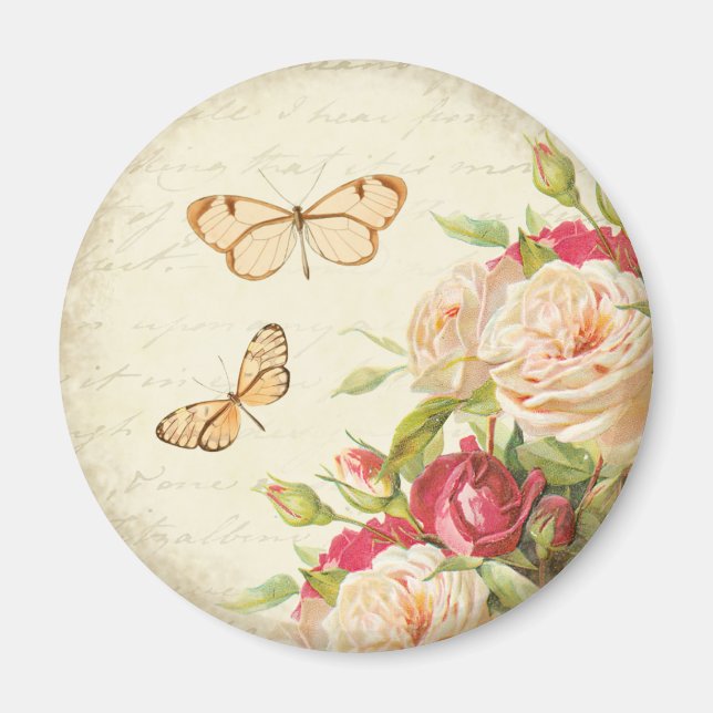 Vintage rose floral butterfly magnet (Front)