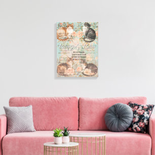 Vintage Rose Floral Cottage Garden Cats Pangur Bán Canvas Print