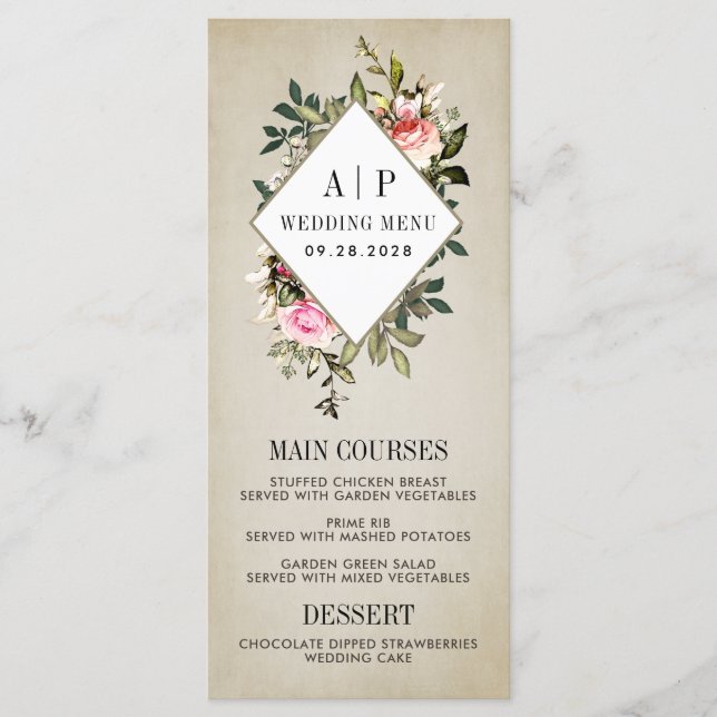 Vintage Rose Floral Greenery Wedding Menu Cards (Front)