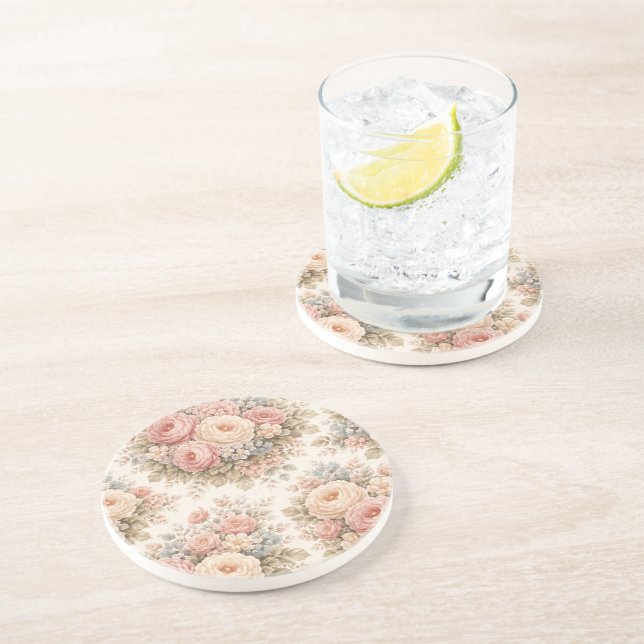 Vintage Rose Floral Pattern | Elegant Pastel  Coaster (Side)