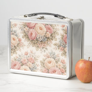 Vintage Rose Floral Pattern Elegant Pastel Metal Lunch Box