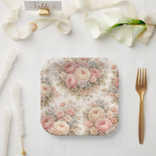 Vintage Rose Floral Pattern Elegant Pastel Paper Plate