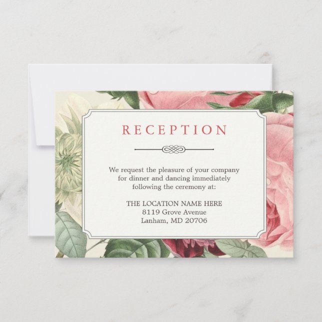 Vintage Rose Floral Wedding Details Reception Invitation (Front)