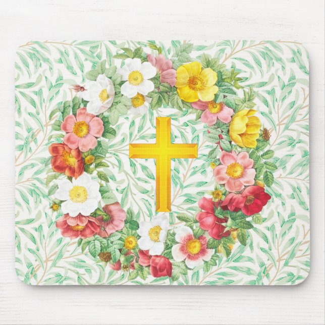 Vintage Rose Floral Wreath Cross Mouse Pad (Front)