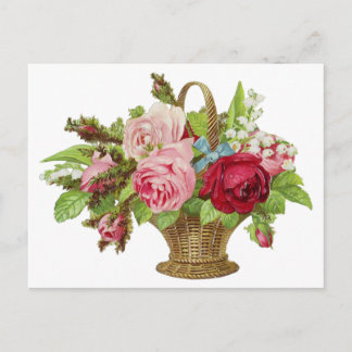 Vintage Rose Flower Basket Postcard