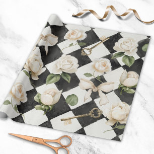 Vintage Rose Flowers Black White Diamond Pattern Wrapping Paper
