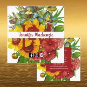 Vintage Rose Flowers Floral Initials Sunflowers Square Business Card