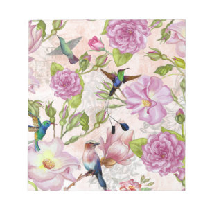 Vintage Rose Flowers & Hummingbirds pattern Notepad