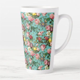 Vintage rose garden in teal background latte mug