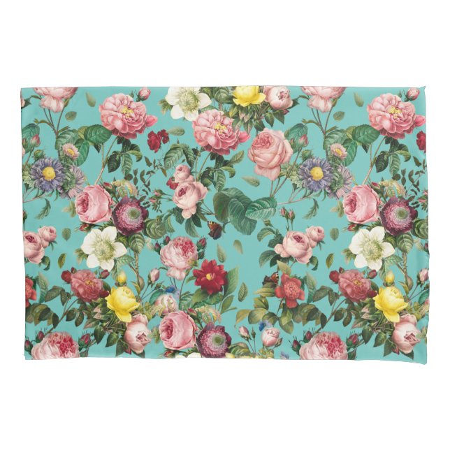 Vintage rose garden in teal background pillowcase (Front)