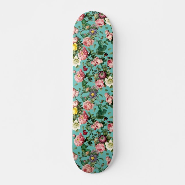 Vintage rose garden in teal background skateboard (Front)
