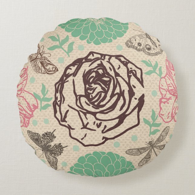 Vintage Rose Garden Pattern Round Cushion (Front)
