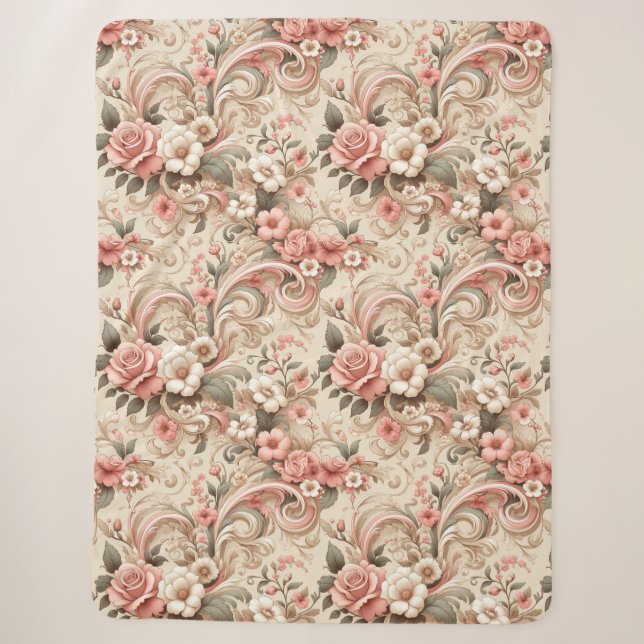 Vintage Rose Garden Scrollwork  Sherpa Blanket (Front)