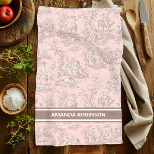 Vintage Rose Gold French Toile de Jouy Pattern Tea Towel