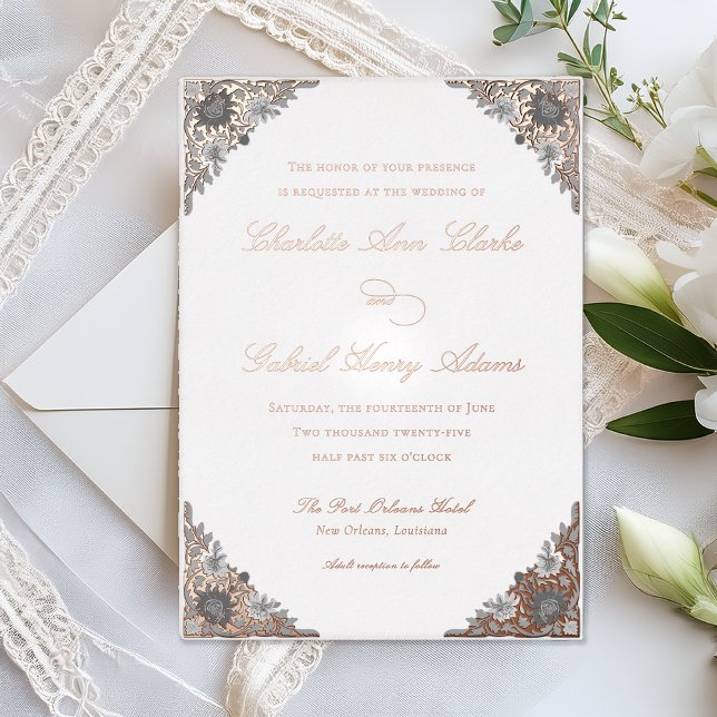 Vintage Rose Gold Grey Foil Wedding Invitation (Creator Uploaded)