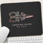 Vintage Rose Gold Scissors Hair Stylist Logo Mouse Pad<br><div class="desc">Vintage Rose Gold Scissors Hair Stylist Logo Mouse Pad. This elegant modern trendy business design features vintage scissors on a solid black background. Perfect for a hair stylist,  seamstress,  or salon owner.</div>