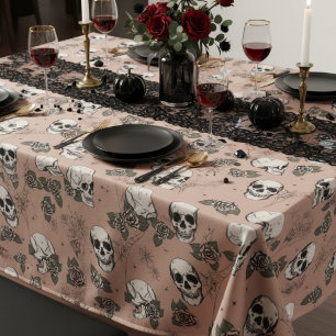 Vintage Rose Gothic Skulls and Roses Halloween Tablecloth